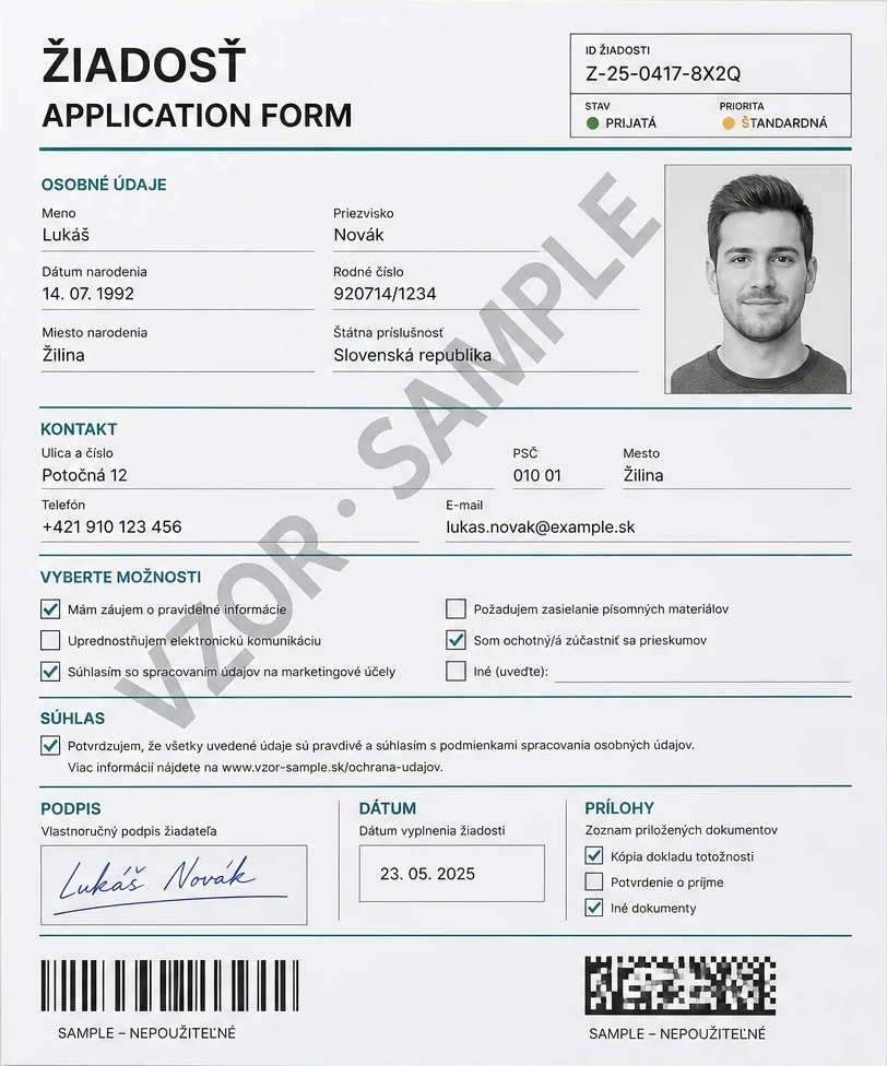 Fictional AI application form with checkboxes, portrait, signature and sample codes