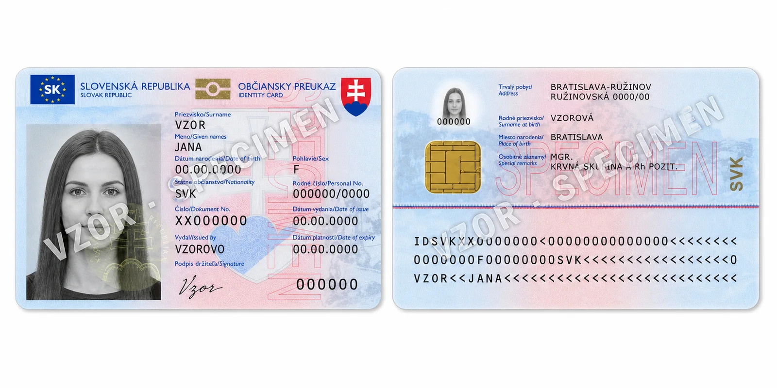Fictional Slovak identity card specimen, front and back