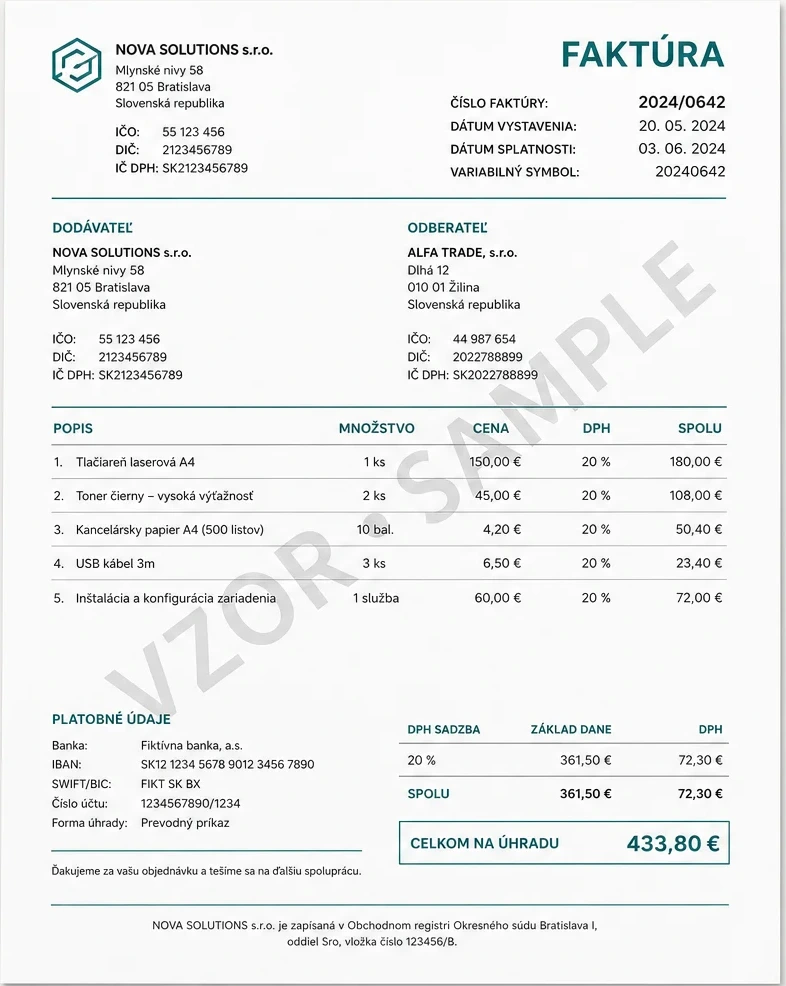 Fictional AI specimen of a Slovak business invoice