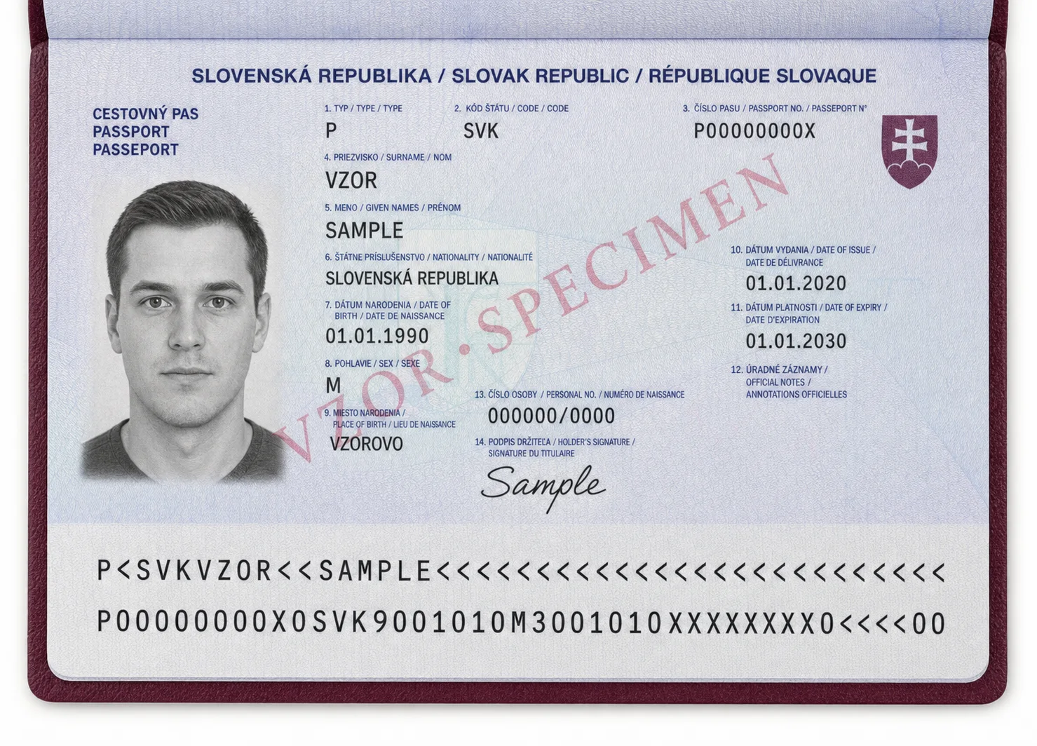 Fictional Slovak biometric passport specimen