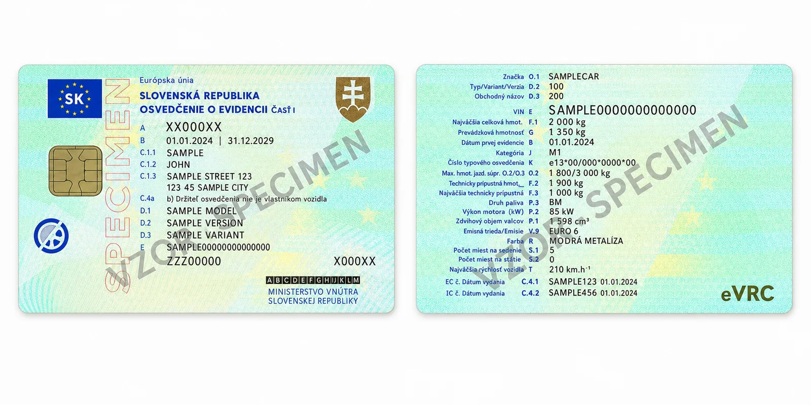AI specimen of the Slovak small technical certificate, front and back
