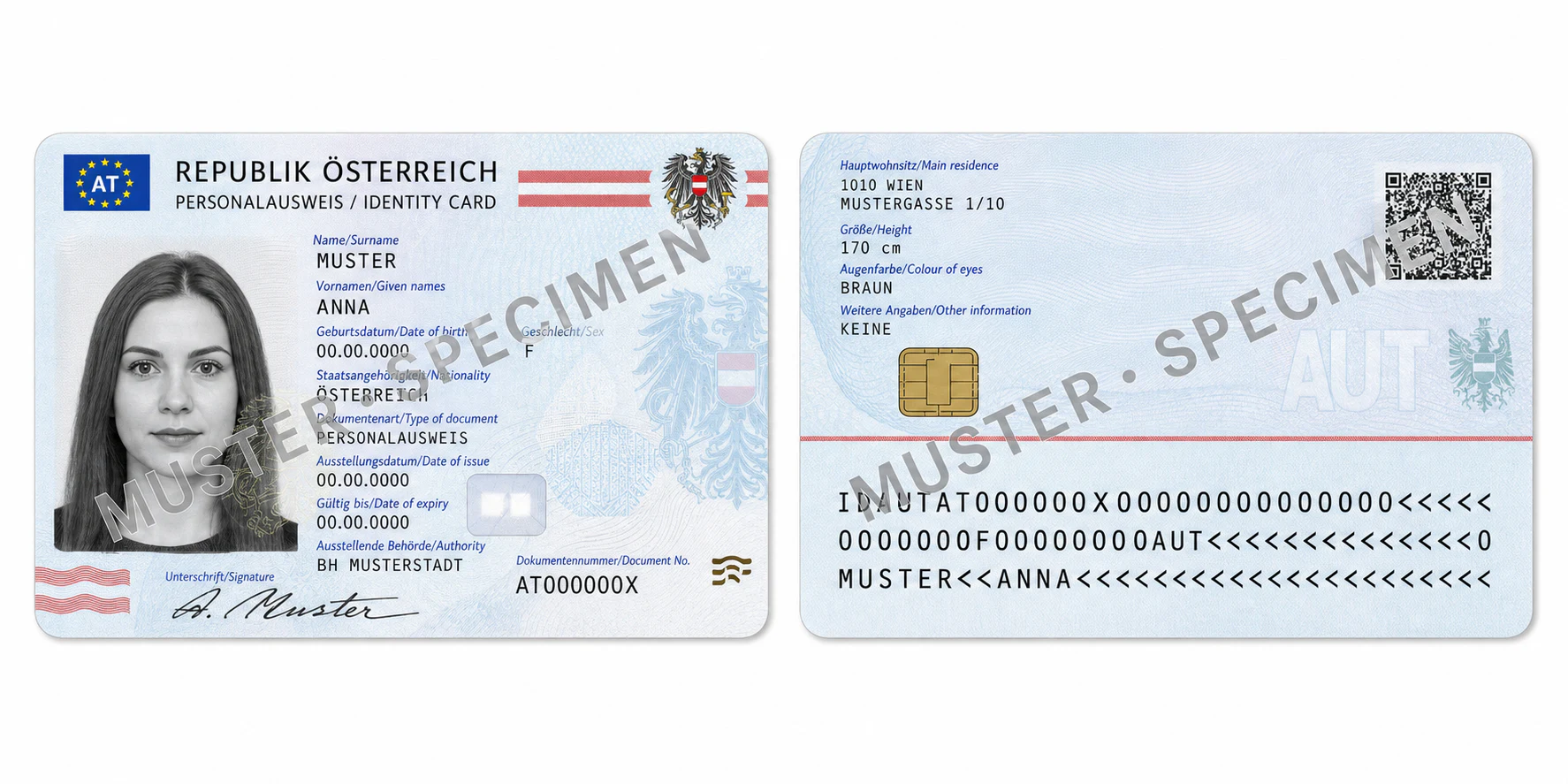 Fiktiver österreichischer Personalausweis, Vorder- und Rückseite