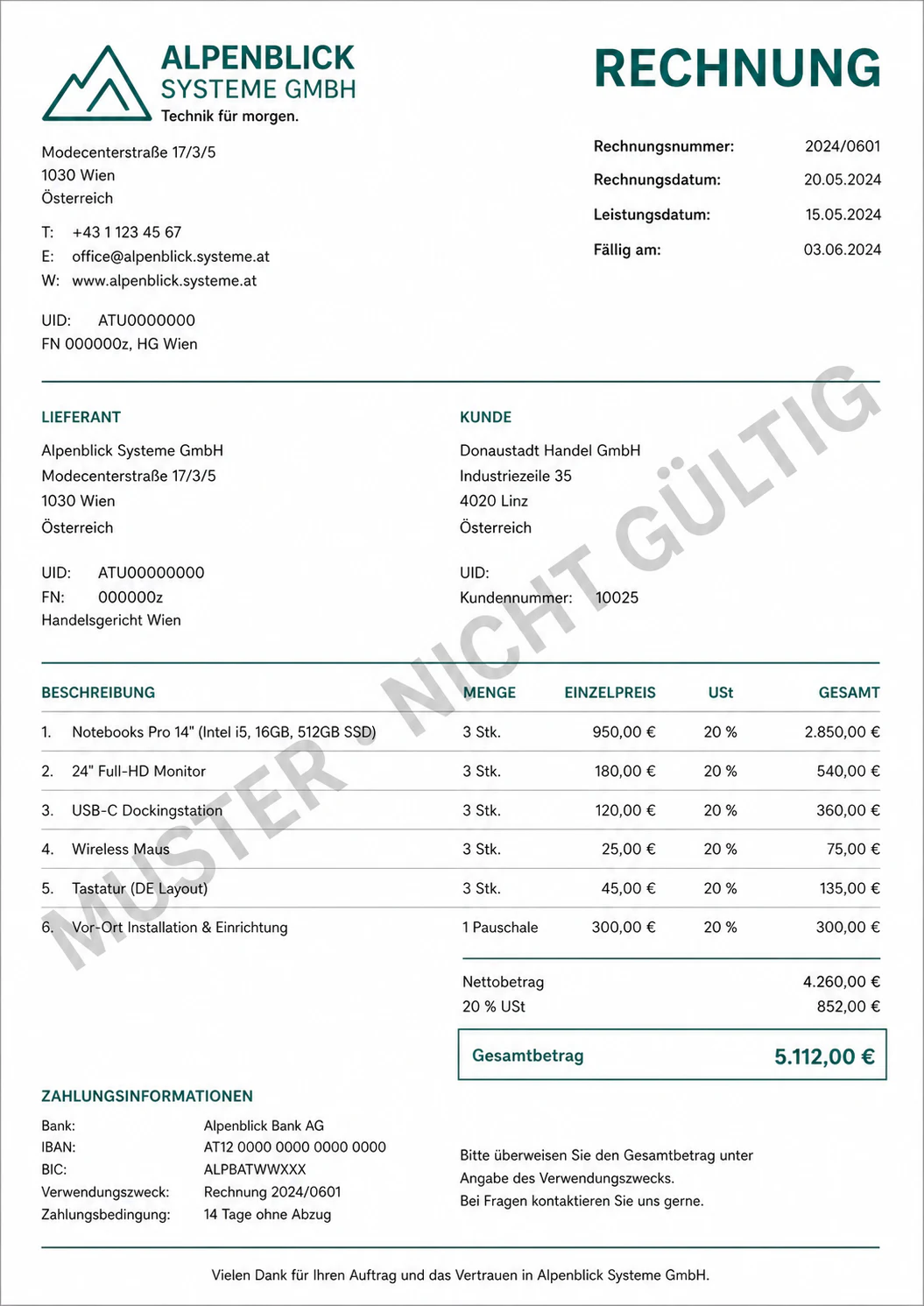 Fiktive österreichische Geschäftsrechnung