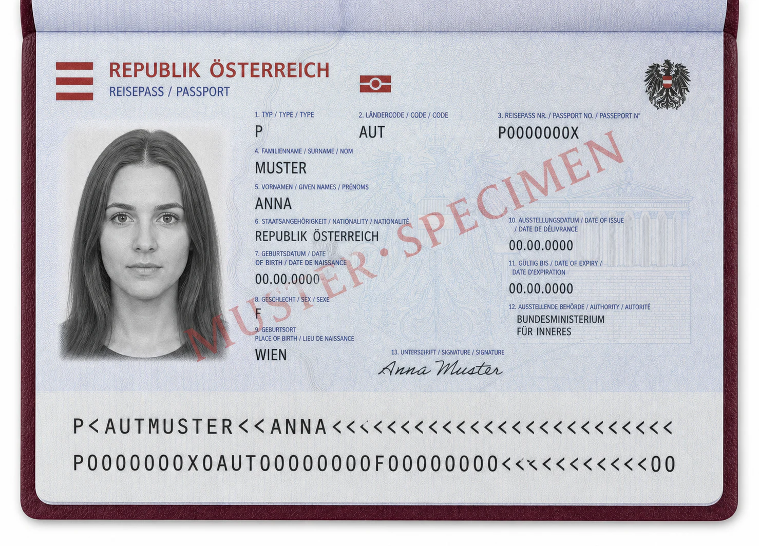 Fiktives österreichisches biometrisches Reisepassmuster