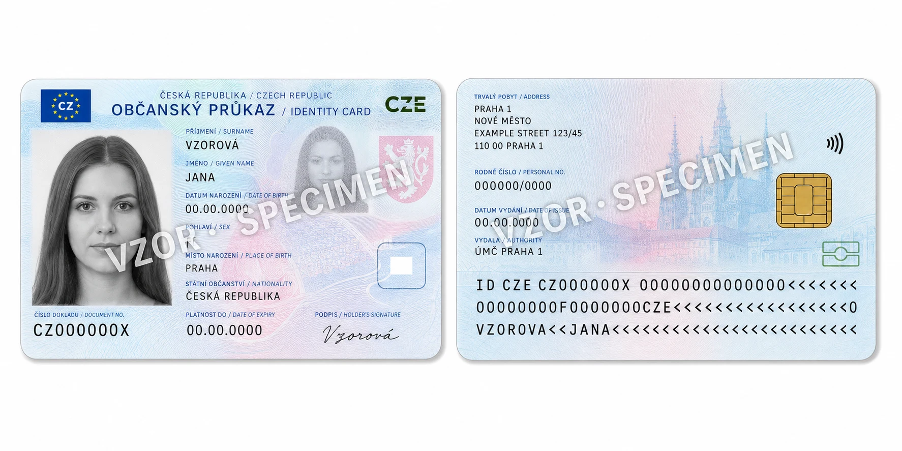 Fiktivní vzor českého občanského průkazu zepředu a zezadu